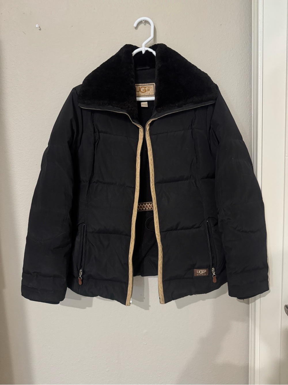UGG Black Puffer Coat with Shearling Collar